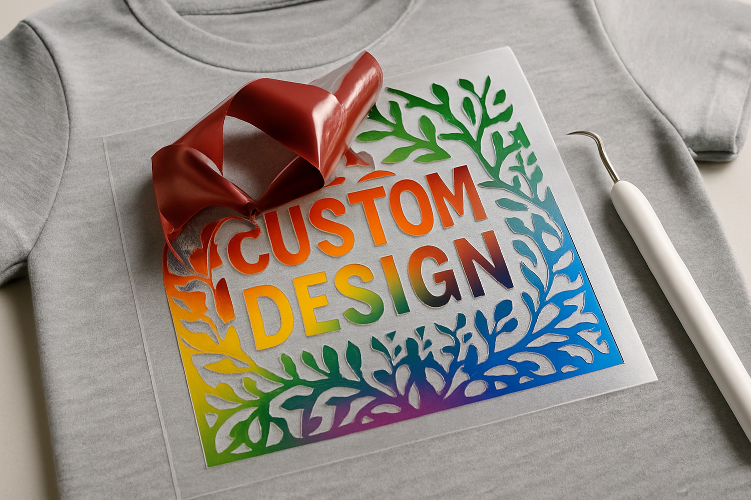 generate a one off tshirt created using vinyl by showing the vinyl film with the stencil weeded out on the shirt before pressing